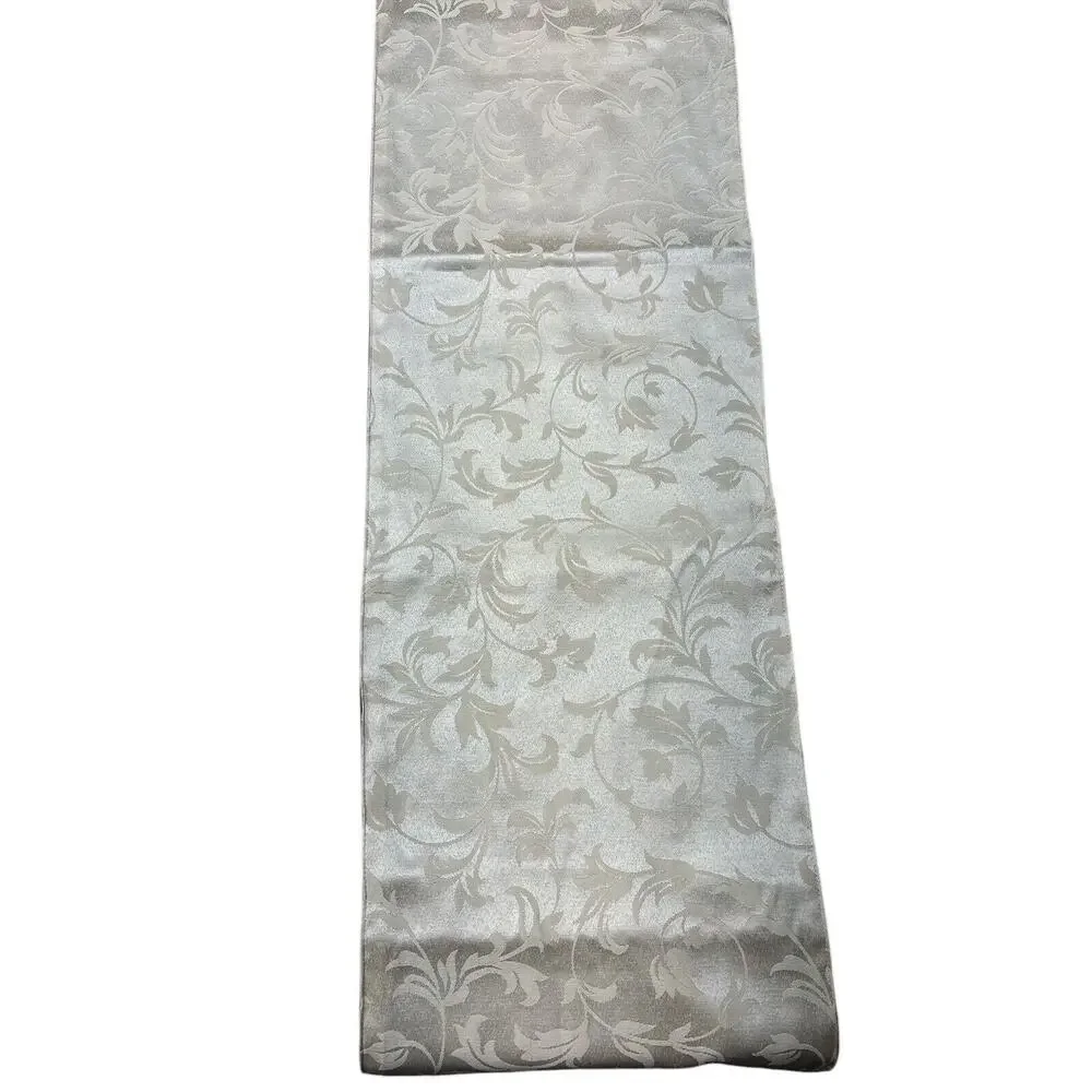Vintage Christmas Holiday Green Cream Holly Floral Jacquard Table Runner+Napkins